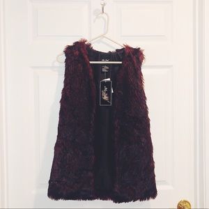 NWT Black and Burgundy Faux Fur Vest